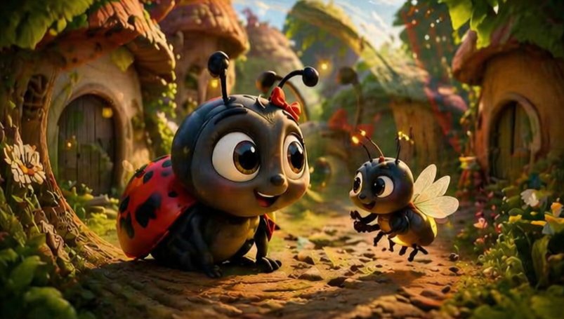 Çizgi Roman / Hikaye Taslağı - Whimsical Ladybug and Bee Village Scene - 1